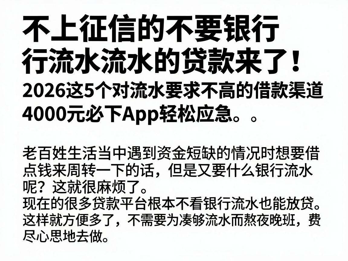 不上征信的不要银行流水的贷款来了!2026这5个对流水要求不高的借款渠道,4000元必下App轻松应急。