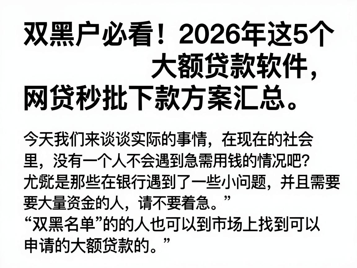 双黑户必看！2026年这5个大额贷款软件，网贷秒批下款方案汇总