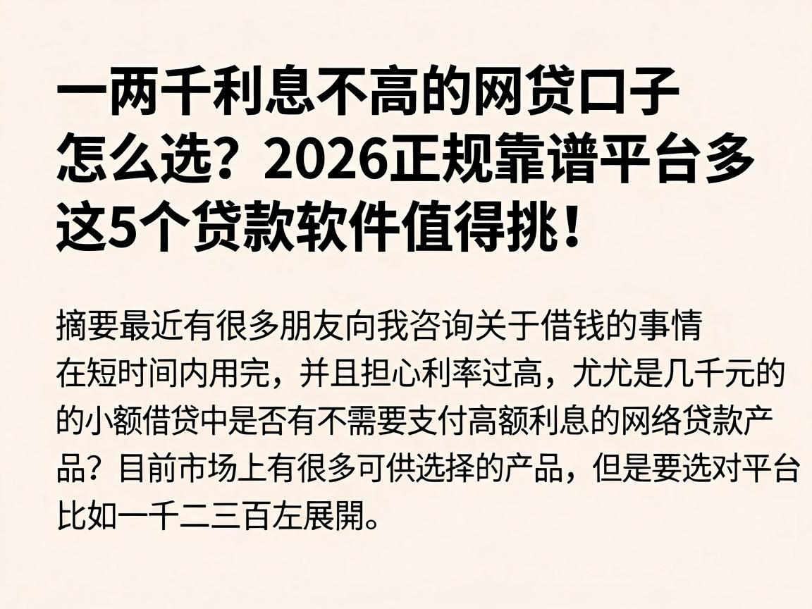 一两千利息不高的网贷口子怎么选?2026正规靠谱平台多,这5个贷款软件值得挑!