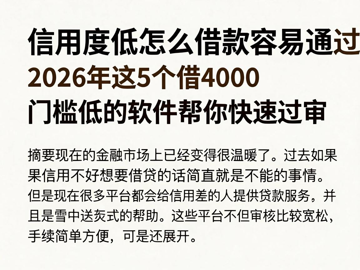 信用度低怎么借款容易通过审核?2026年这5个借4000门槛低的软件帮你快速过审