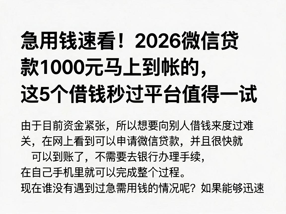 急用钱速看！2026微信贷款1000元马上到帐的，这5个借钱秒过平台值得一试