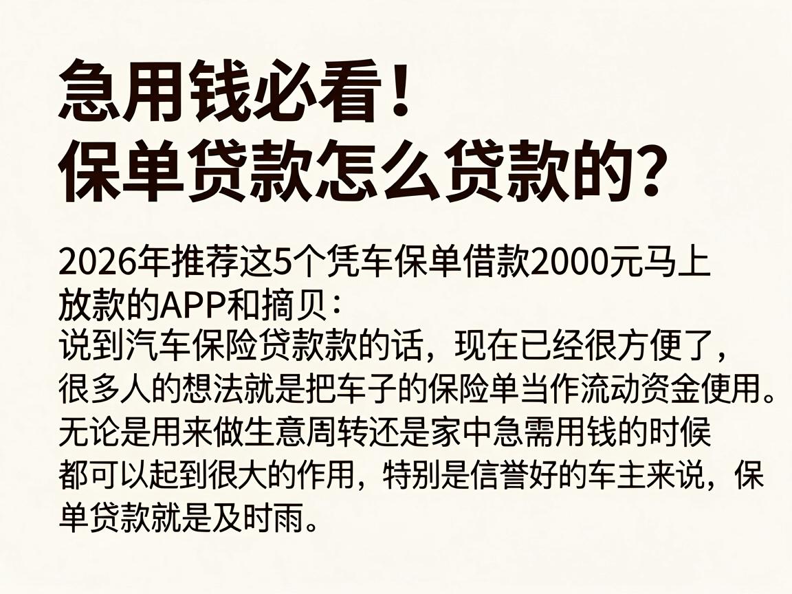 急用钱必看！车保单贷款怎么贷款的？2026年推荐这5个凭车保单借款2000元马上放款的APP