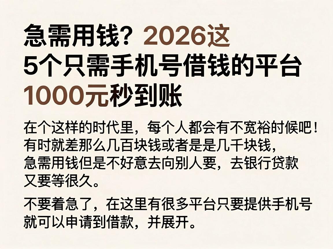 急需用钱？2026这5个只需手机号借钱的平台，1000元秒到账