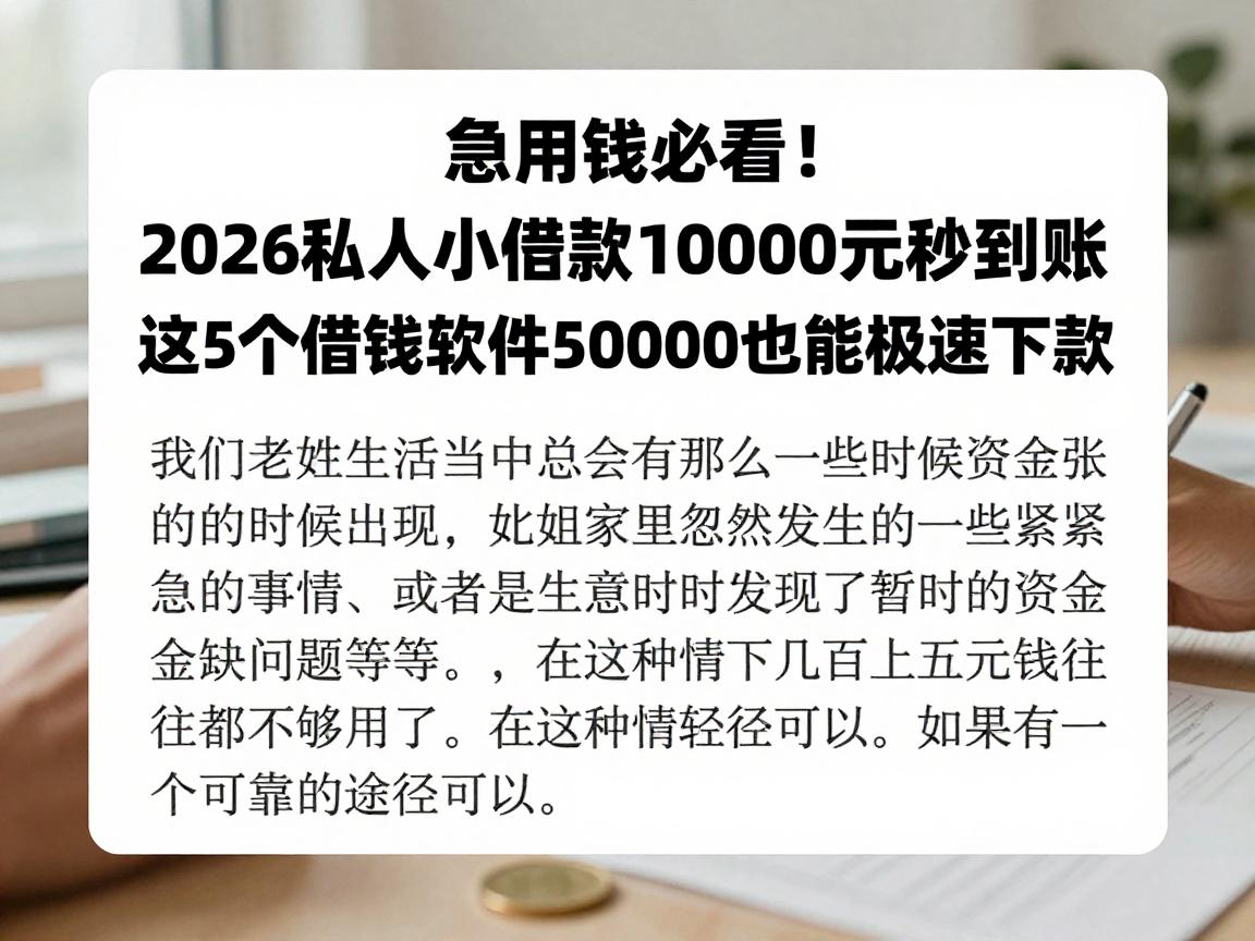 急用钱必看！2026私人小额贷款10000元秒到账，这5个借钱软件50000也能极速下款