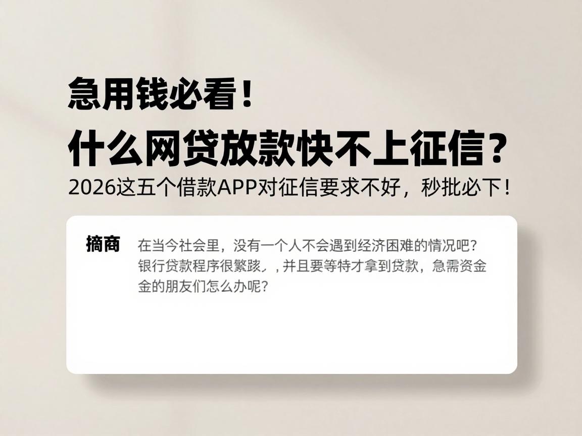 急用钱必看！什么网贷放款快不上征信？2026这五个借款APP对征信要求不高，秒批必下！