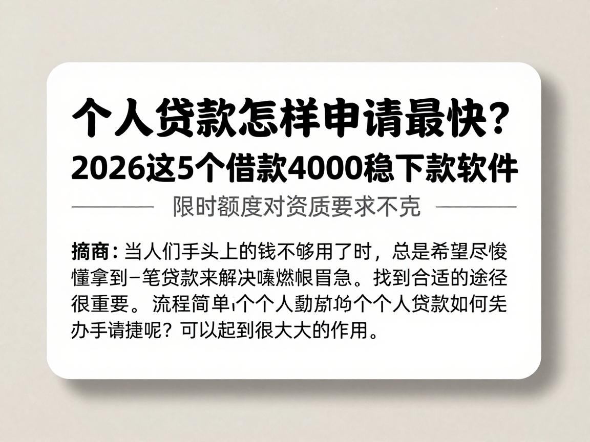 个人贷款怎样申请最快？2026这5个借款4000稳下款软件，限时额度对资质要求不高