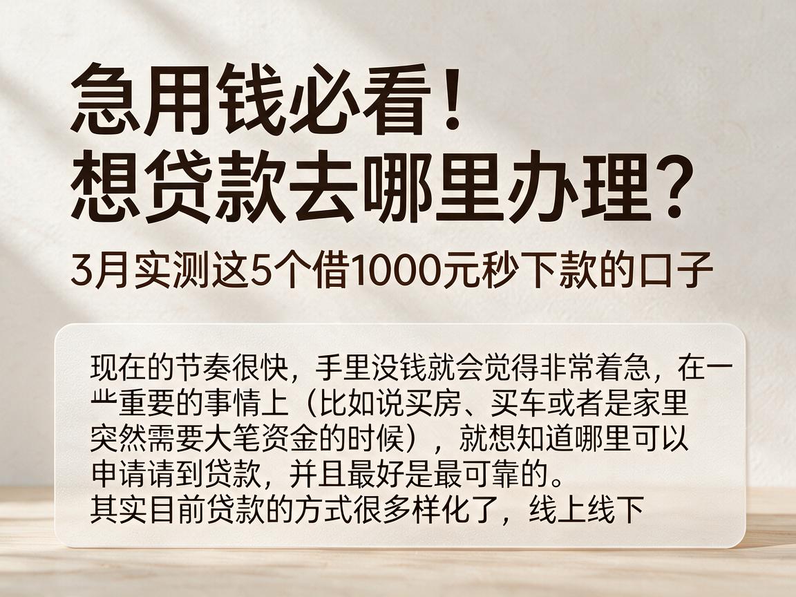急用钱必看！想贷款去哪里办理？3月实测这5个借1000元秒下款的口子