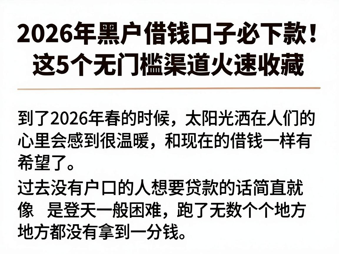 2026年黑户借钱口子必下款！这5个无门槛渠道火速收藏