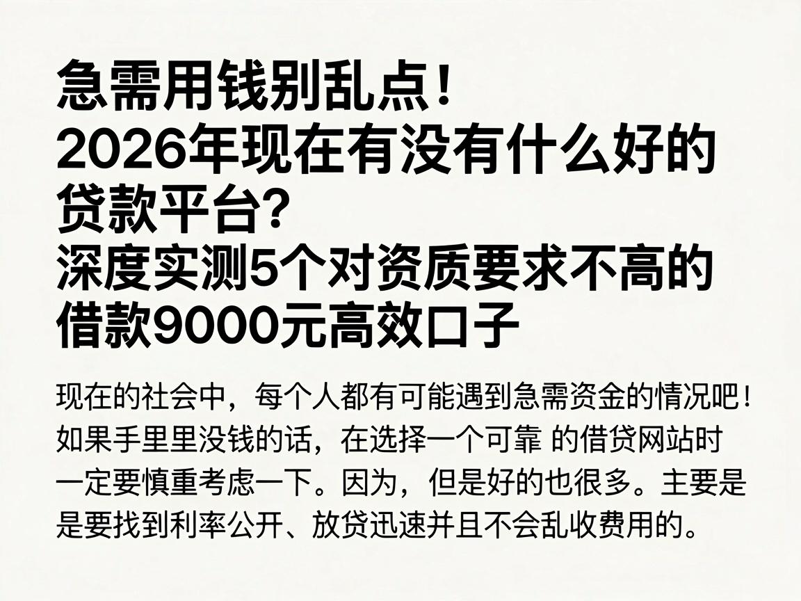 急需用钱别乱点！2026年现在有没有什么好的贷款平台？深度实测5个对资质要求不高的借款9000元高效口子
