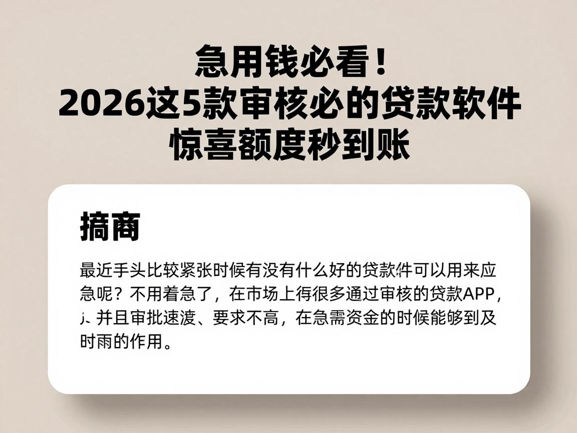 急用钱必看！2026这5款审核必过的贷款软件，惊喜额度秒到账