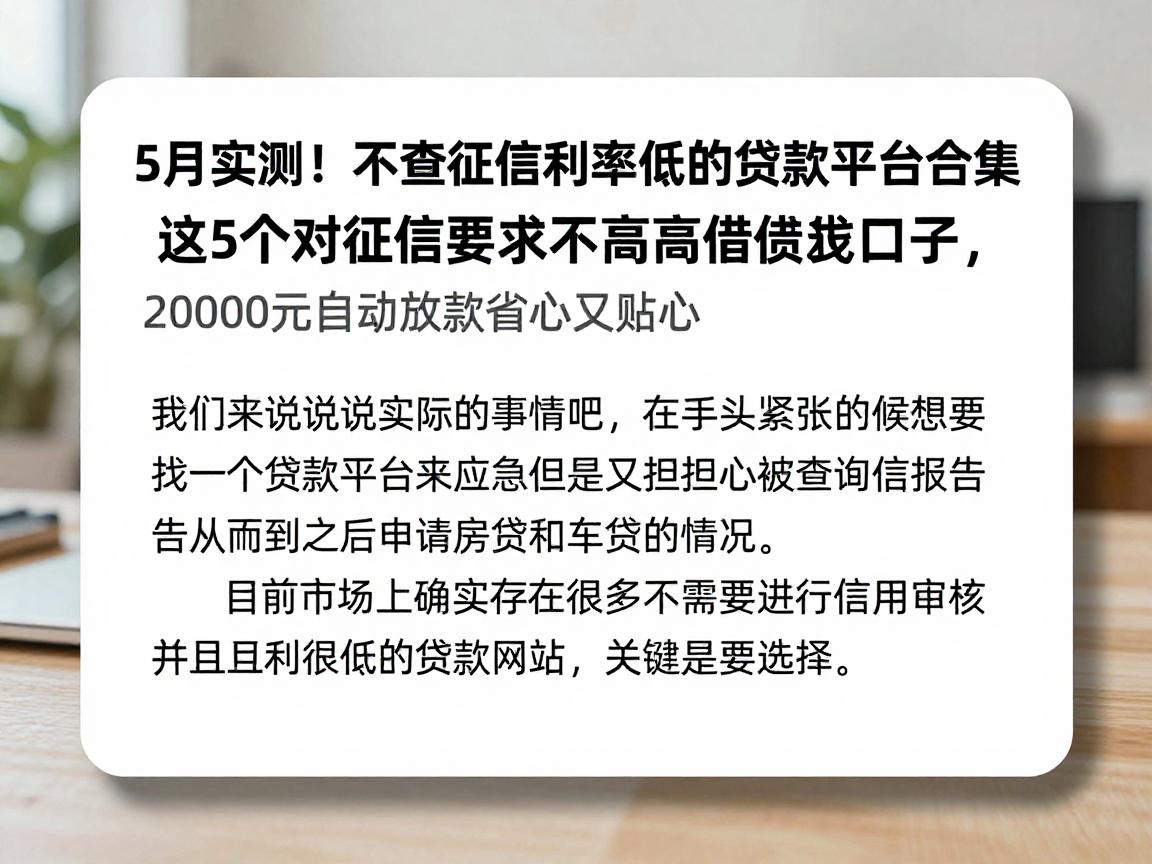 5月实测！不查征信利率低的贷款平台合集，这5个对征信要求不高的借钱口子，20000元自动放款省心又贴心
