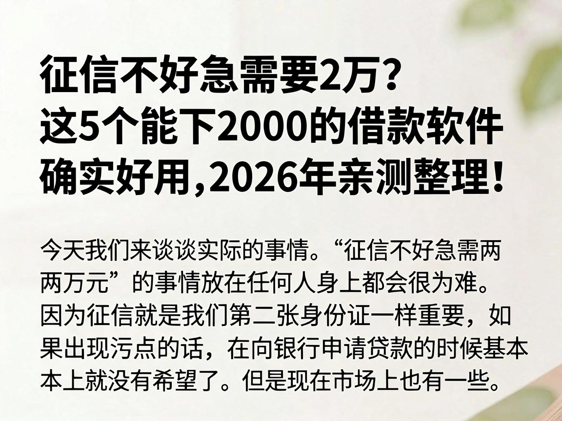 征信不好急需要2万？这5个能下2000的借款软件确实好用，2026年亲测整理！