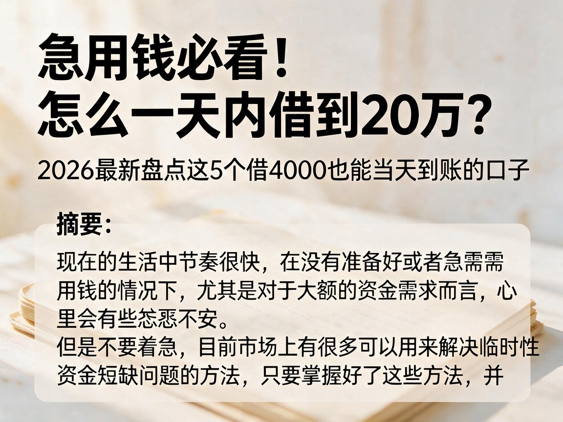 急用钱必看！怎么一天内借到20万？2026最新盘点这5个借4000也能当天到账的口子
