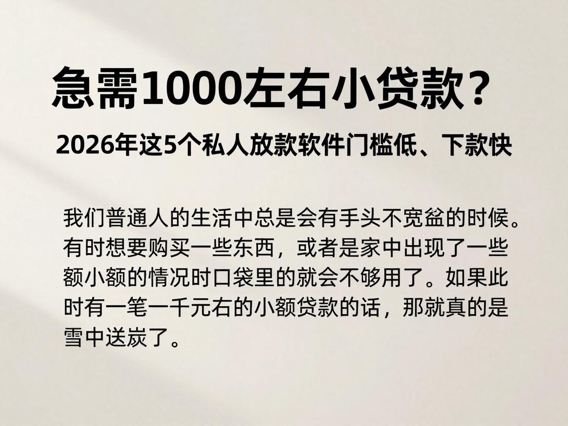 急需1000左右小额贷款？2026年这5个私人放款软件门槛低、下款快
