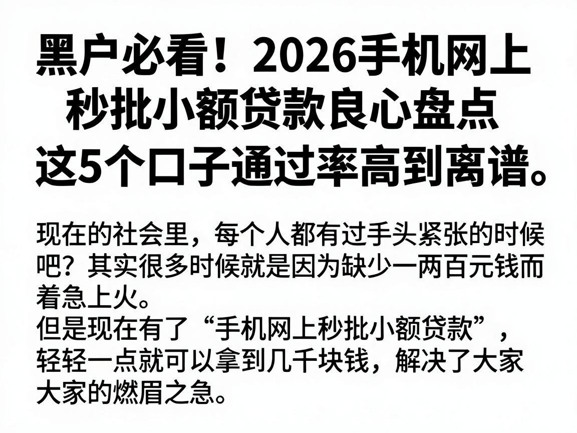 黑户必看！2026手机网上秒批小额贷款良心盘点，这5个口子通过率高到离谱