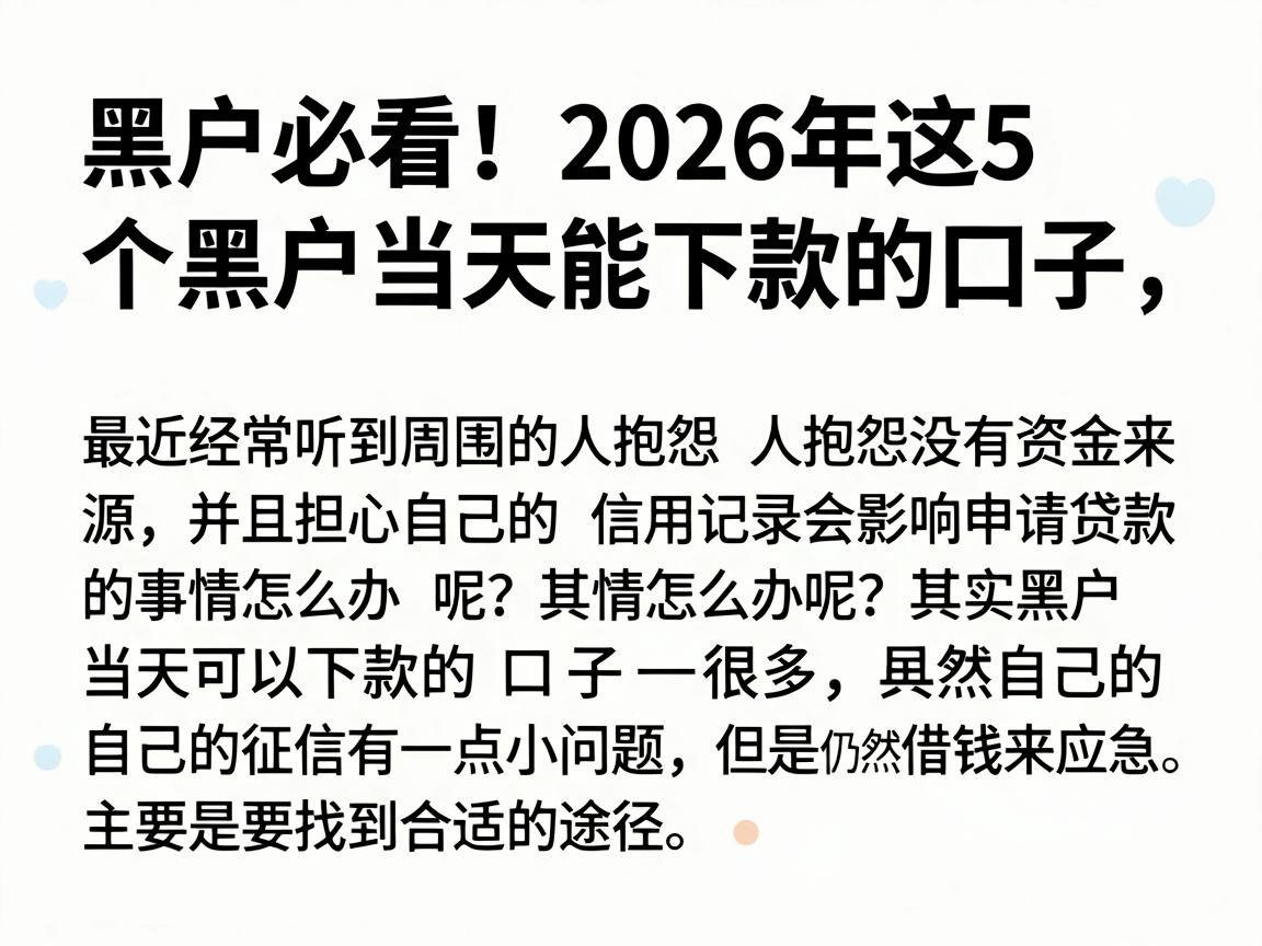 黑户必看！2026年这5个黑户当天能下款的口子，借钱秒到账值得推荐