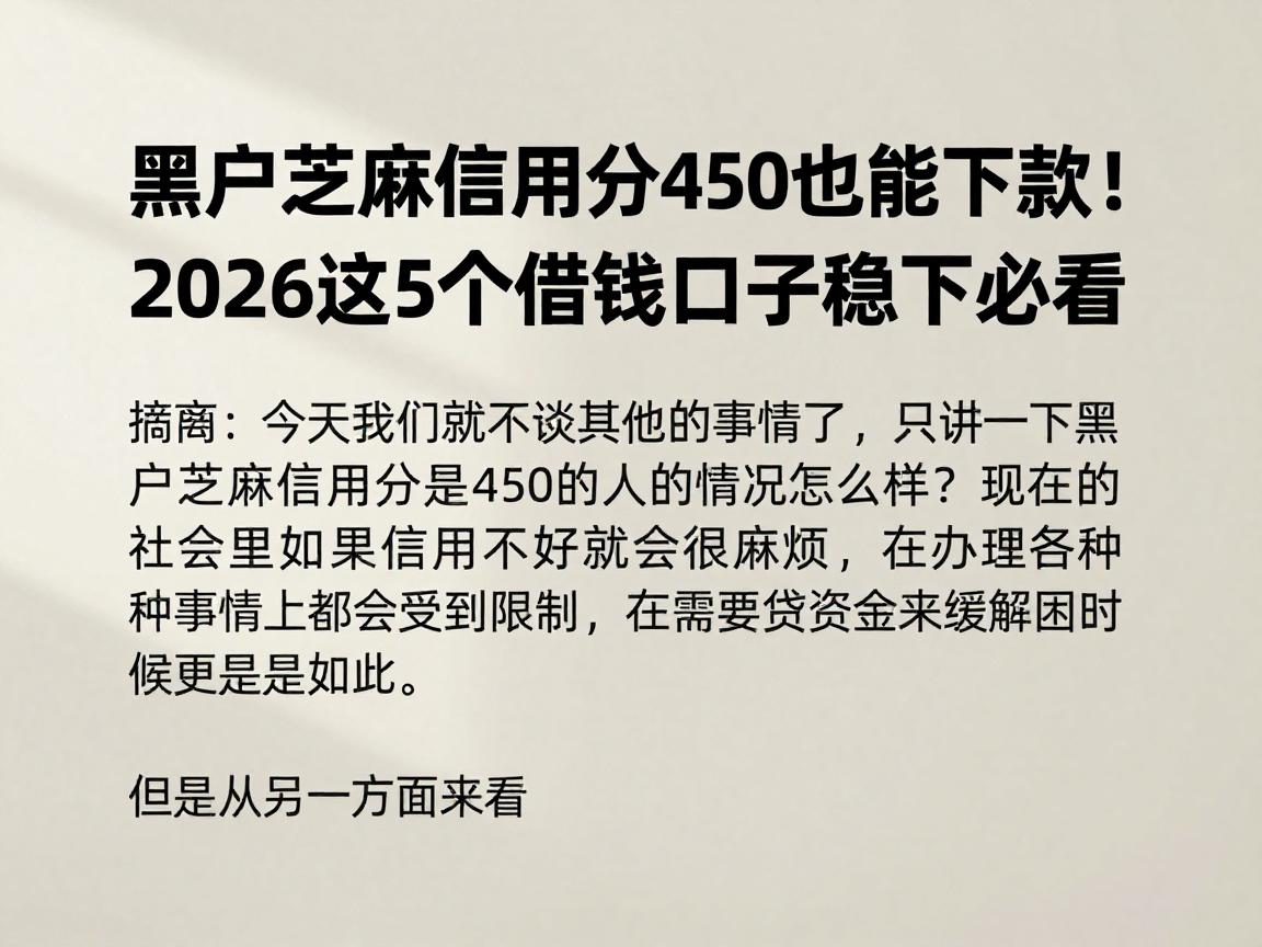 黑户芝麻信用分450也能下款！2026这5个借钱口子稳下必看