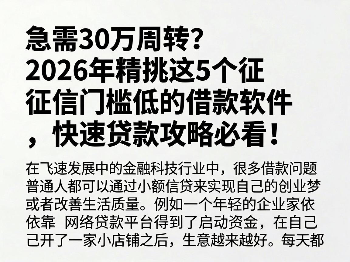 急需30万周转？2026年精挑这5个征信门槛低的借款软件，快速贷款攻略必看！
