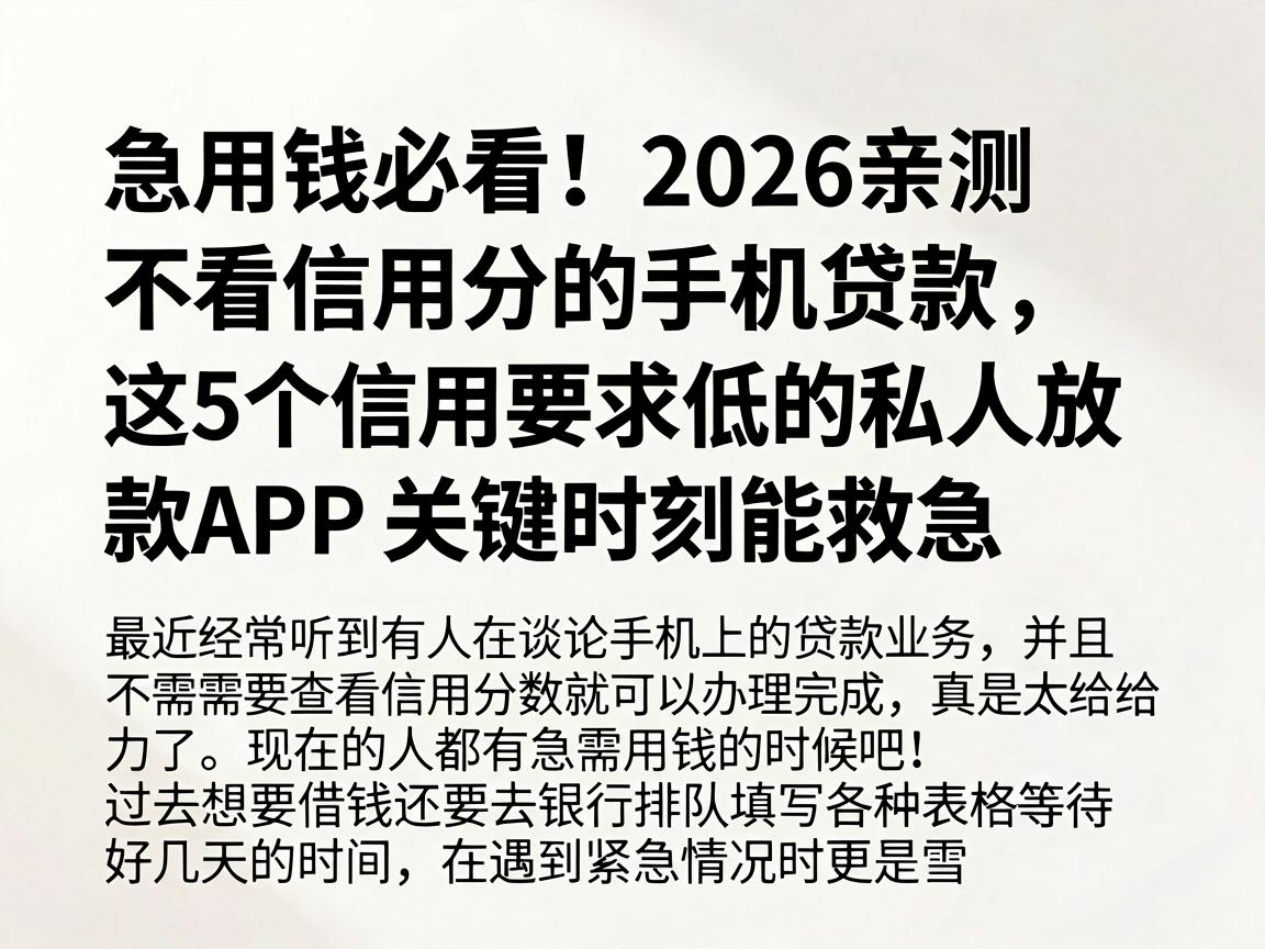 急用钱必看！2026亲测不看信用分的手机贷款，这5个信用要求低的私人放款APP关键时刻能救急