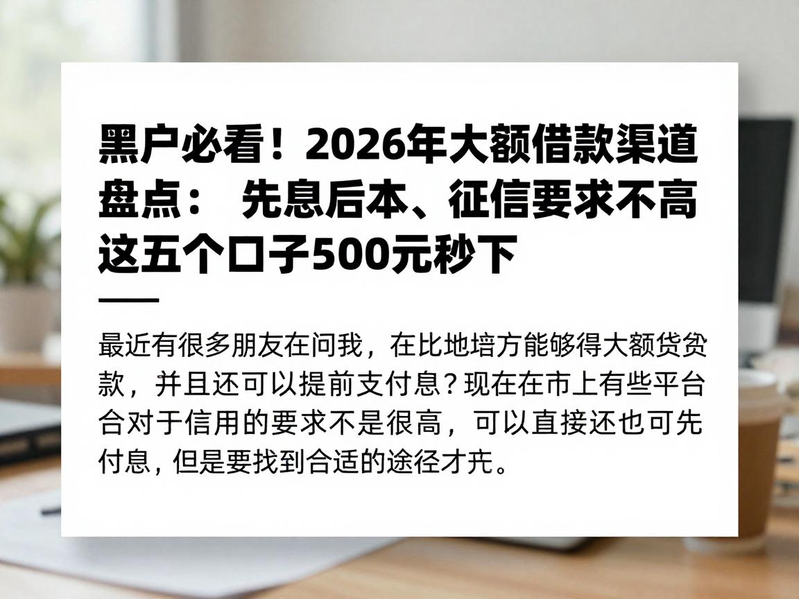 黑户必看！2026年大额借款渠道盘点：先息后本、征信要求不高，这五个口子500元秒下