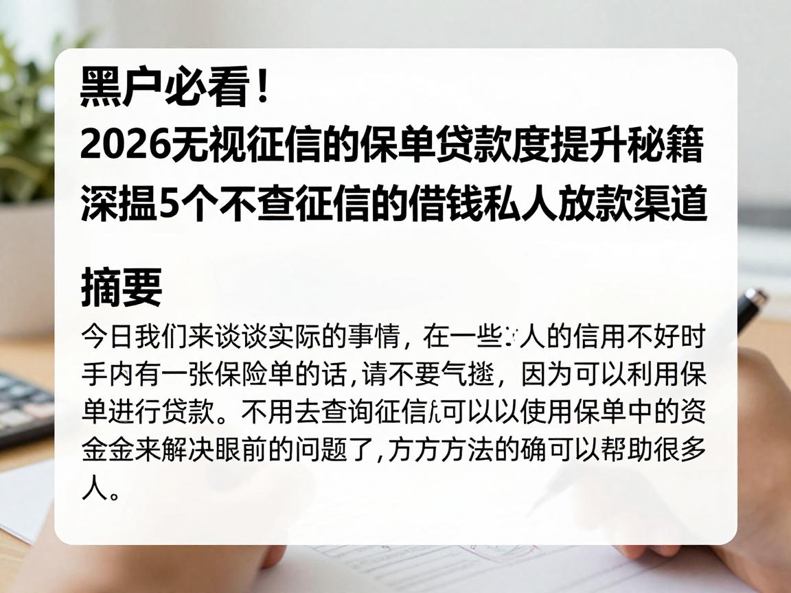 黑户必看！2026无视征信的保单贷款额度提升秘籍，深挖5个不查征信的借钱私人放款渠道