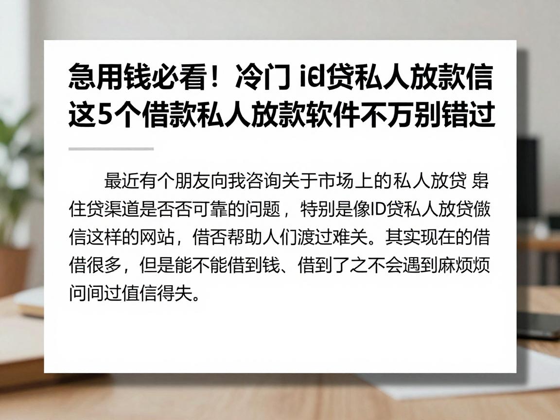 急用钱必看！2026冷门高效id贷私人放款微信，这5个借款私人放款软件千万别错过