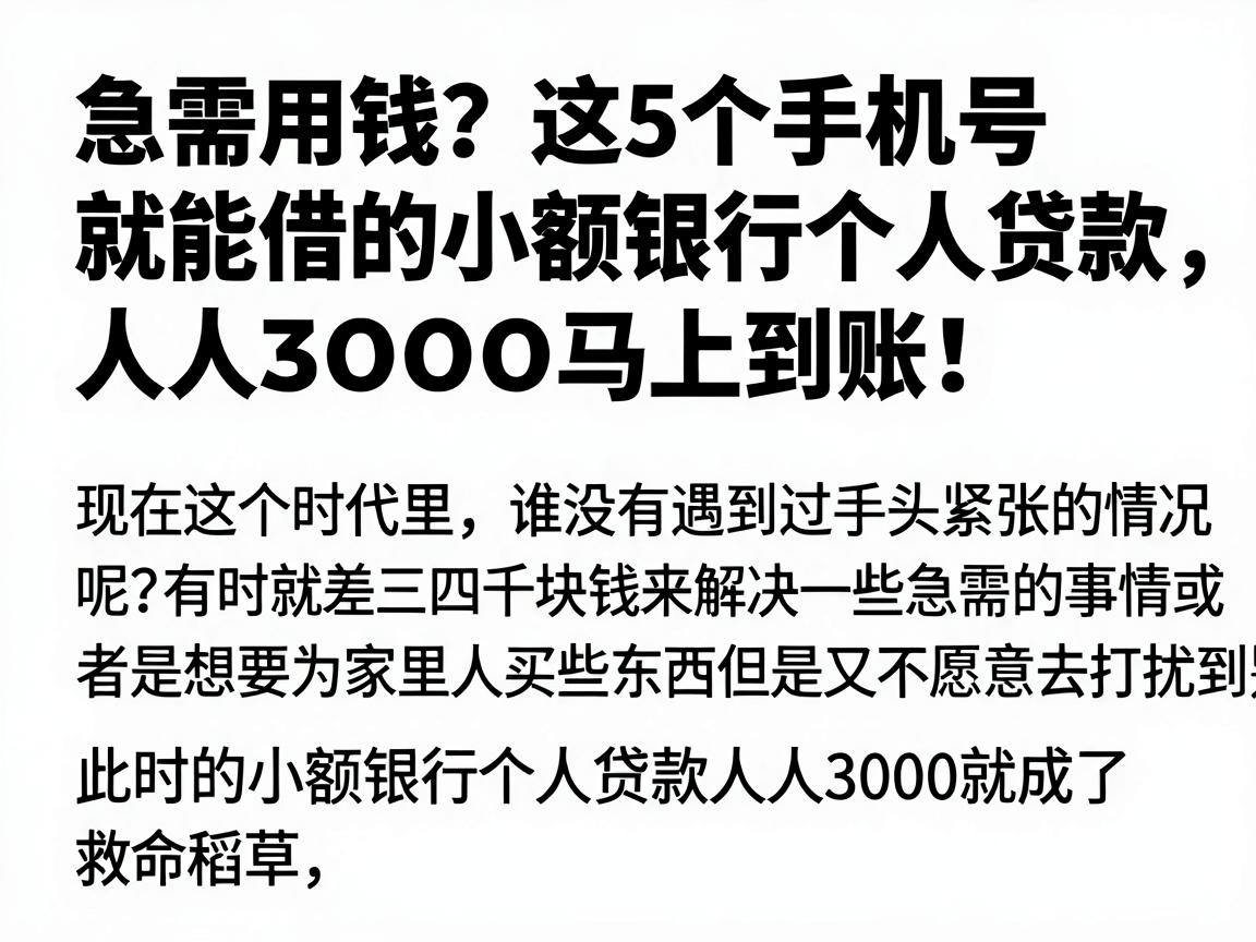 急需用钱？这5个手机号就能借的小额银行个人贷款，人人3000马上到账！