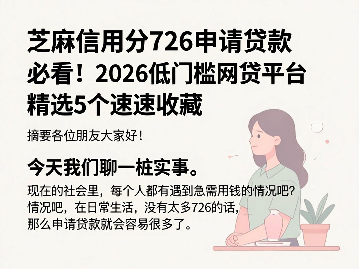 芝麻信用分726申请贷款必看！2026低门槛网贷平台精选5个速速收藏