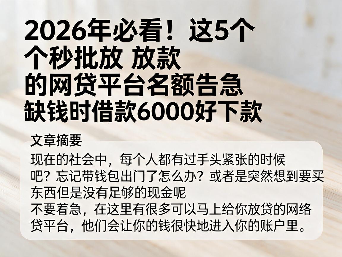 2026年必看！这5个秒批放款的网贷平台名额告急，缺钱时借款6000好下款