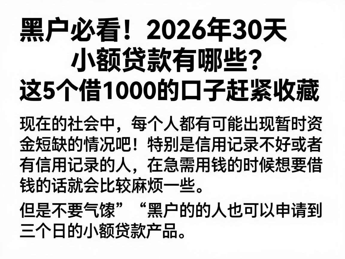 黑户必看！2026年30天小额贷款有哪些？这5个借1000的口子赶紧收藏