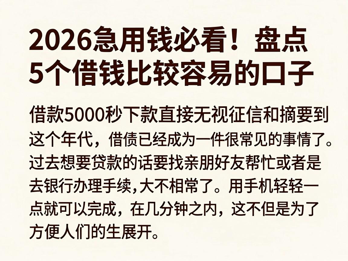 2026急用钱必看！盘点5个借钱比较容易的口子，借款5000秒下款直接无视征信