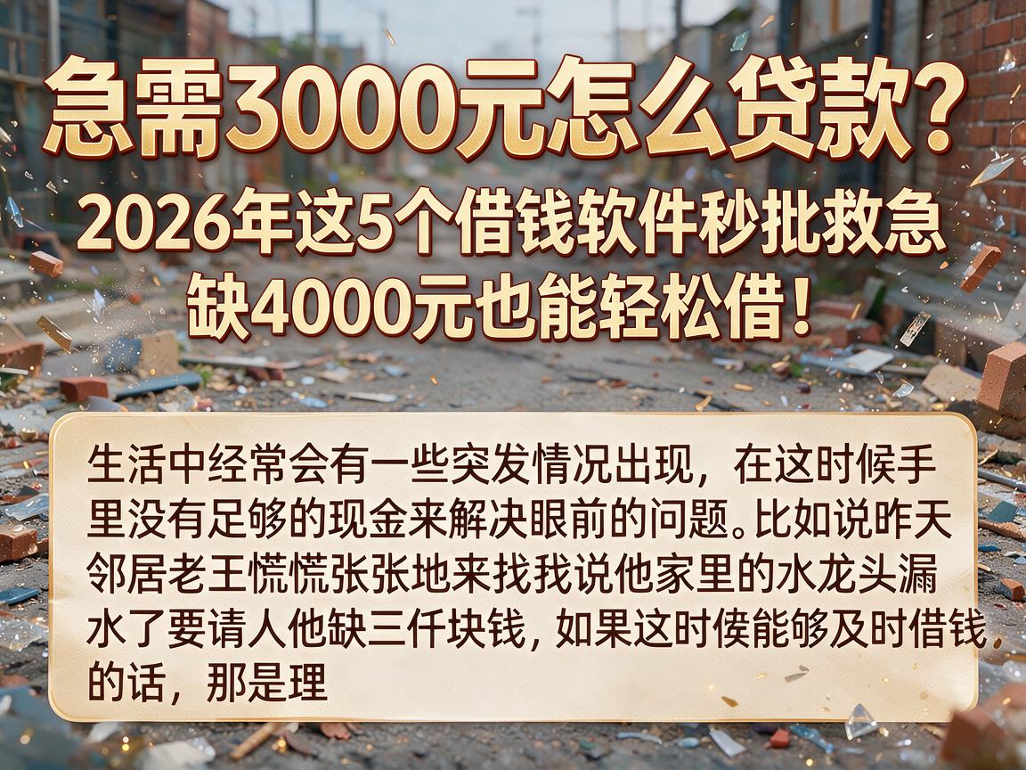 急需3000元怎么贷款？2026年这5个借钱软件秒批救急，缺4000元也能轻松借！
