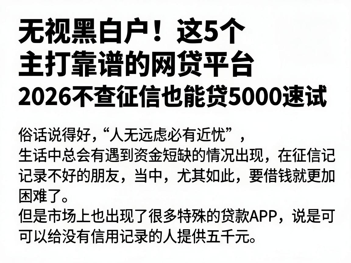 无视黑白户！这5个主打靠谱的网贷平台，2026不查征信也能贷5000速试