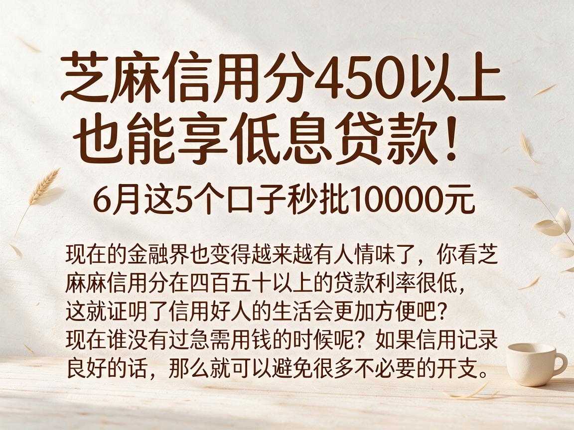 芝麻信用分450以上也能享低息贷款！6月这5个口子秒批10000元