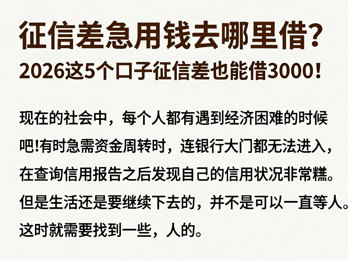 征信差急用钱去哪里借？2026这5个口子征信差也能借3000！