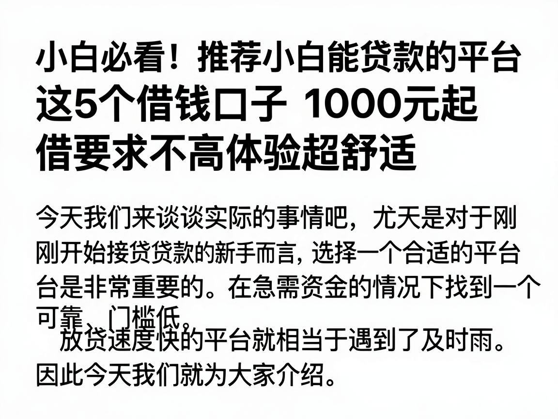 小白必看！推荐小白能贷款的平台，这5个借钱口子1000元起借要求不高体验超舒适