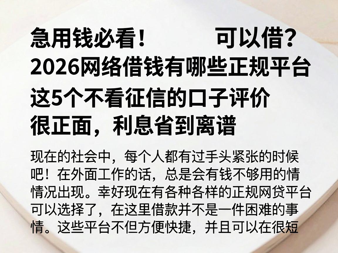 急用钱必看！2026网络借钱有哪些正规平台可以借？这5个不看征信的口子评价很正面，利息省到离谱