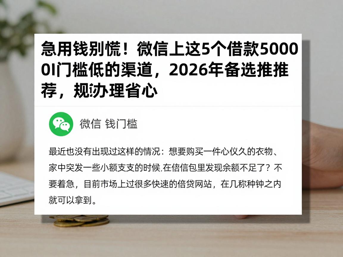 急用钱别慌！微信上这5个借款5000门槛低的渠道，2026年备选推荐，规范办理很省心