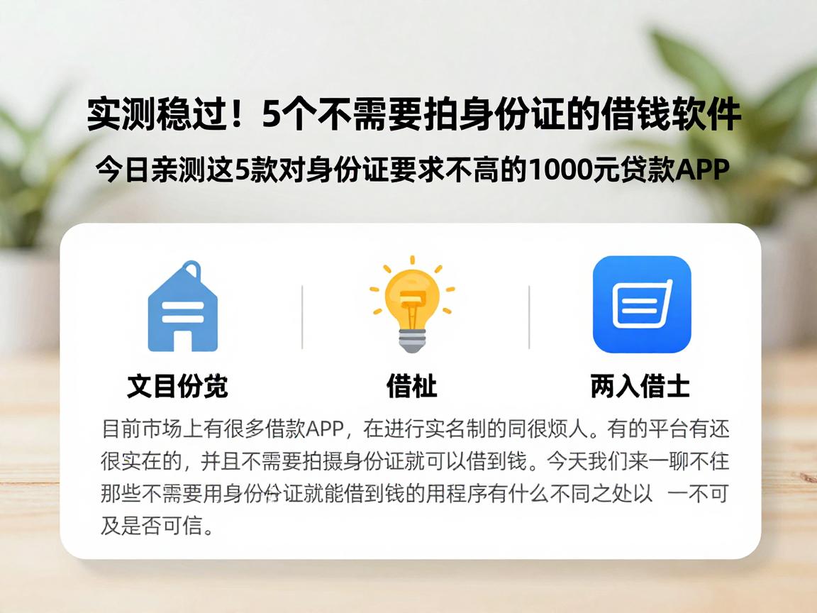 实测稳过！5个不需要拍身份证的借钱软件，今日亲测这5款对身份证要求不高的1000元贷款APP