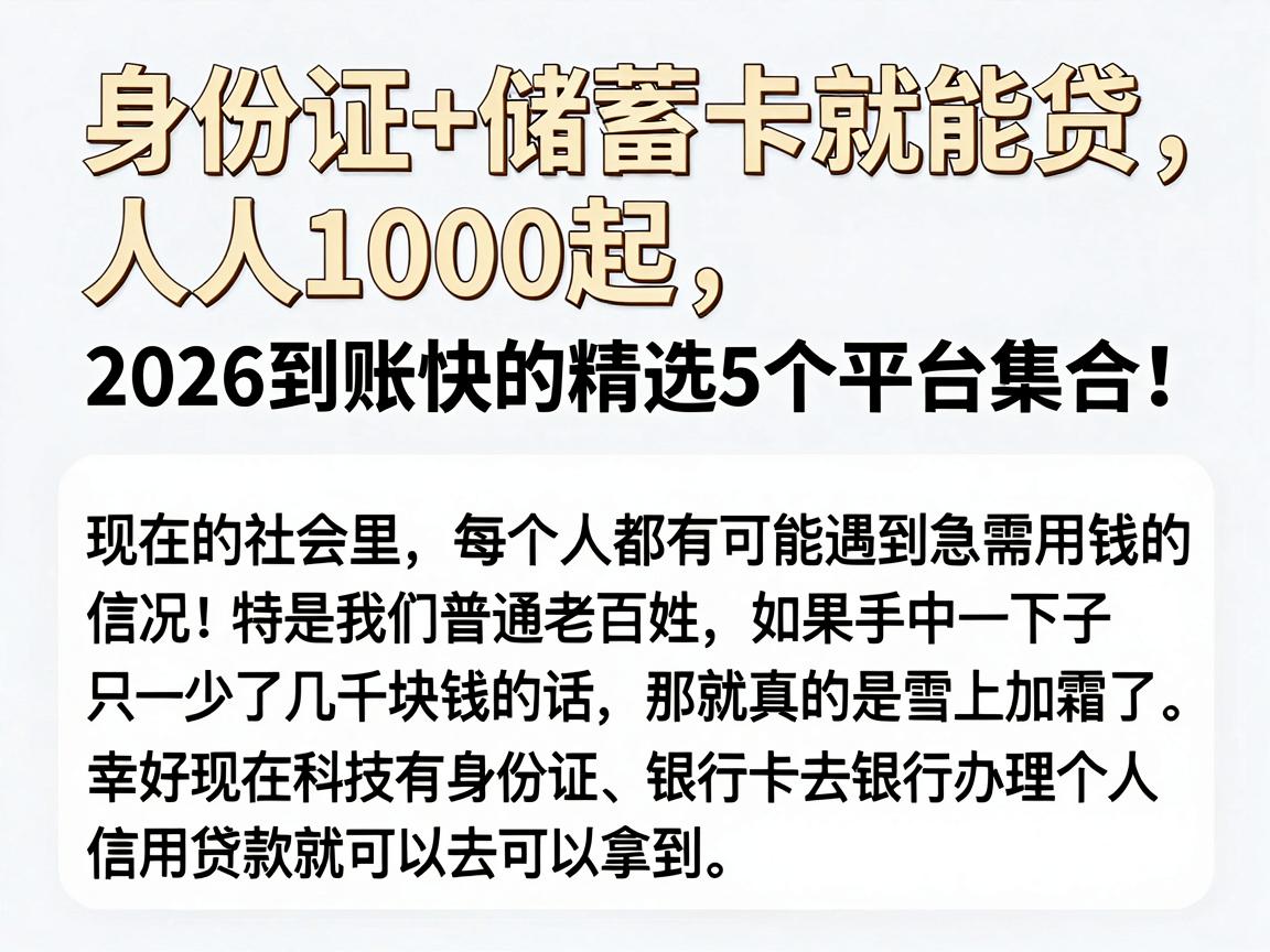 身份证+储蓄卡就能贷，人人1000起，2026到账快的精选5个平台集合！