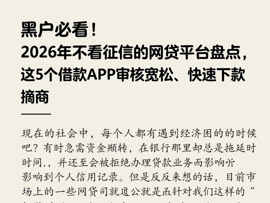 黑户必看！2026年不看征信的网贷平台盘点，这5个借款APP审核宽松、快速下款