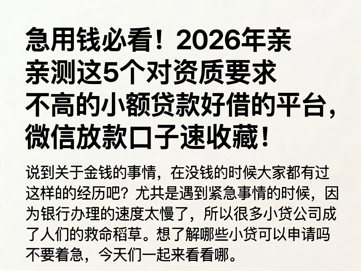 急用钱必看！2026年亲测这5个对资质要求不高的小额贷款好借的平台，微信放款口子速收藏！