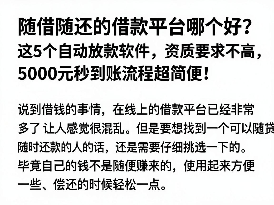 随借随还的借款平台哪个好？这5个自动放款软件，资质要求不高，5000元秒到账流程超简便！