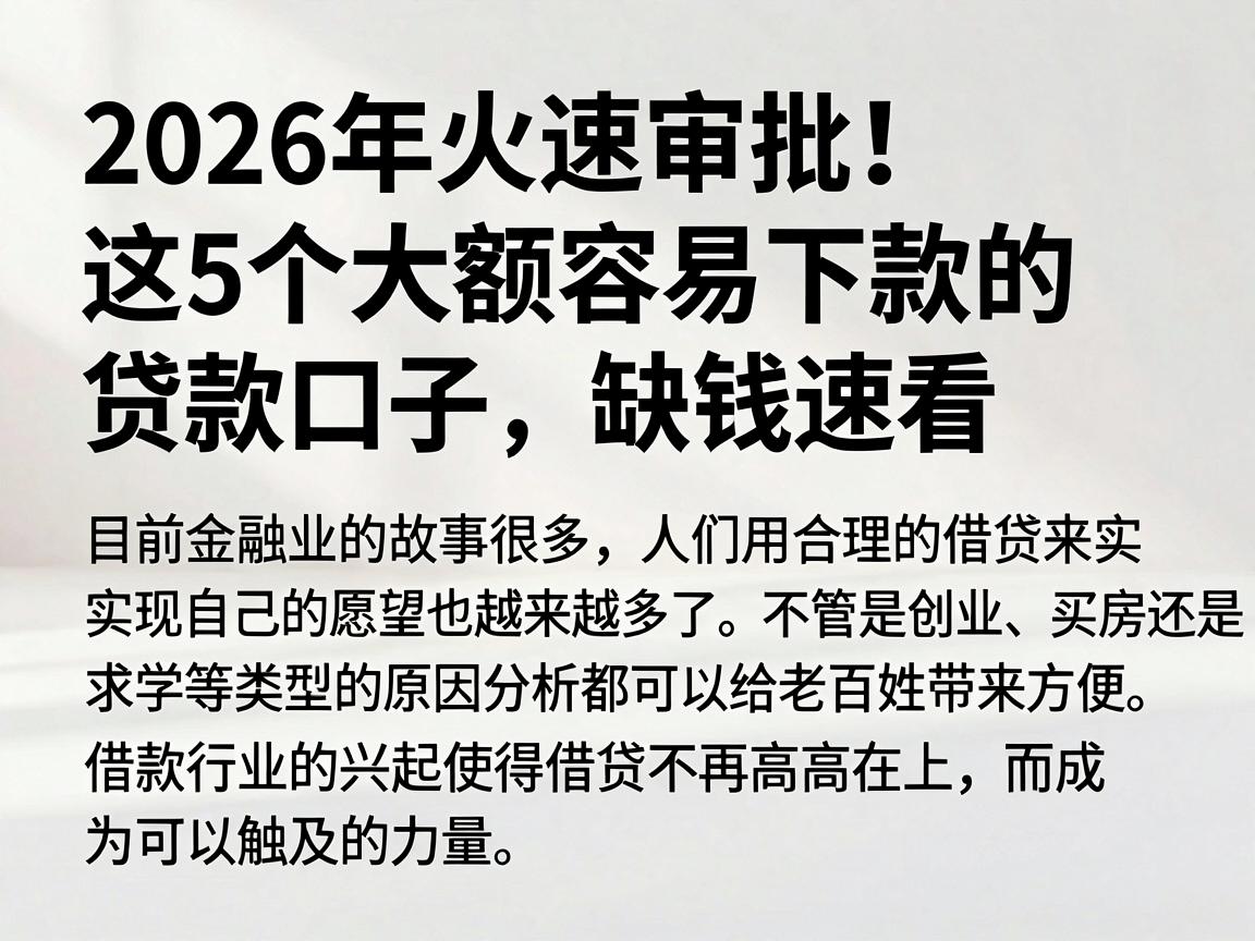 2026年火速审批！这5个大额容易下款的贷款口子，缺钱速看