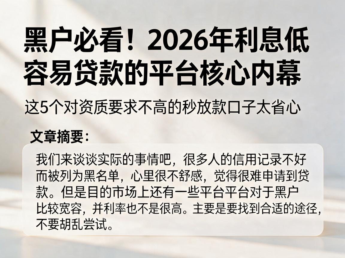 黑户必看！2026年利息低容易贷款的平台核心内幕，这5个对资质要求不高的秒放款口子太省心