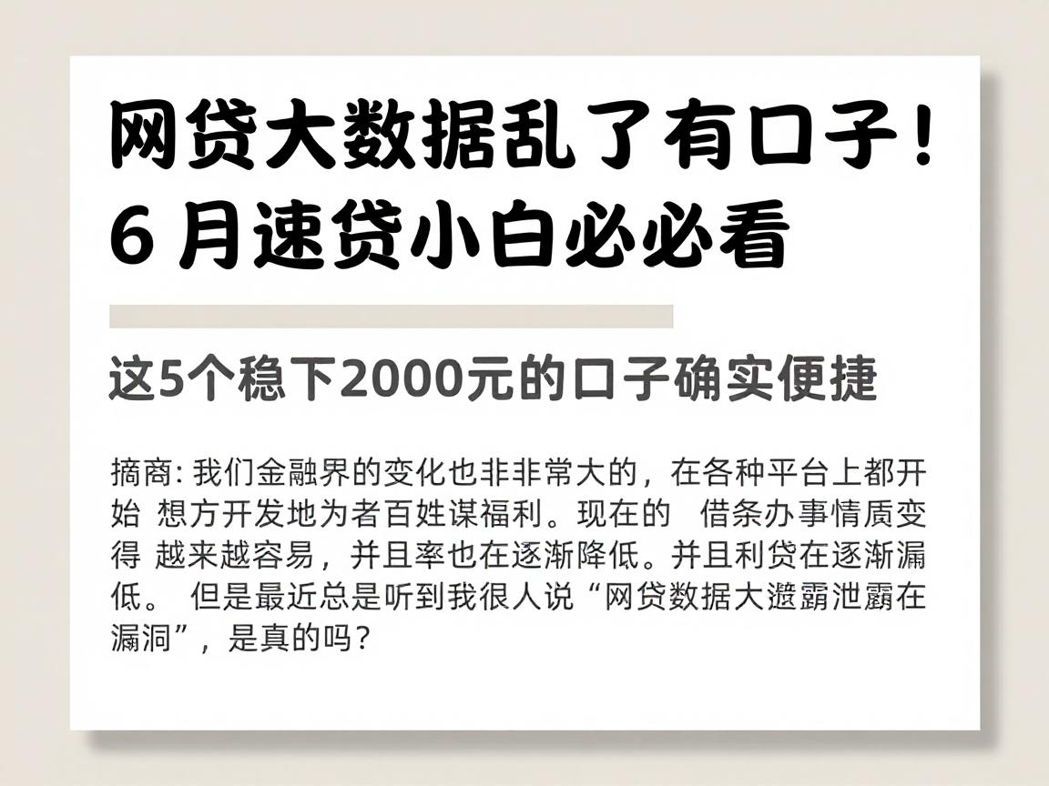 网贷大数据乱了有口子！6月速贷小白必看，这5个稳下2000元的口子确实便捷