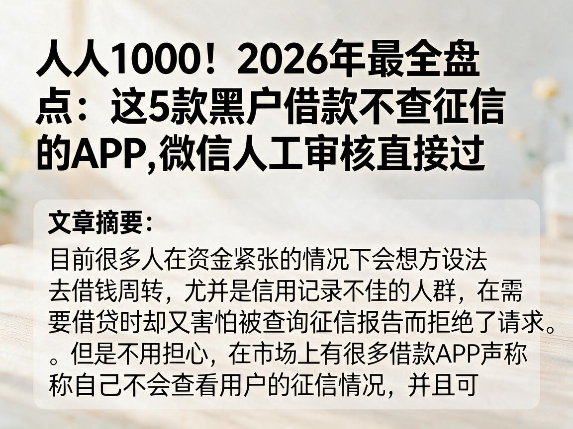 人人1000！2026年最全盘点：这5款黑户借款不查征信的APP，微信人工审核直接过