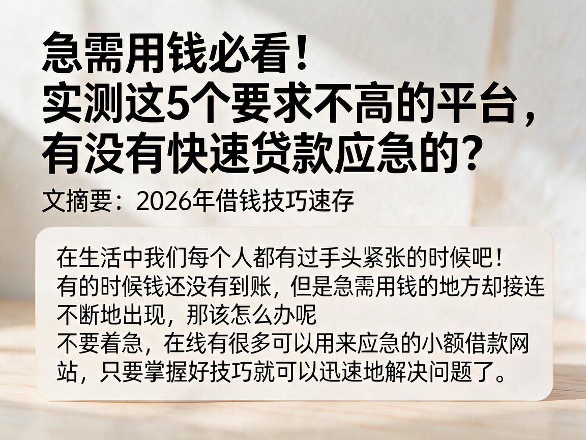 急需用钱必看！实测这5个要求不高的平台，有没有快速贷款应急的？2026年借钱技巧速存