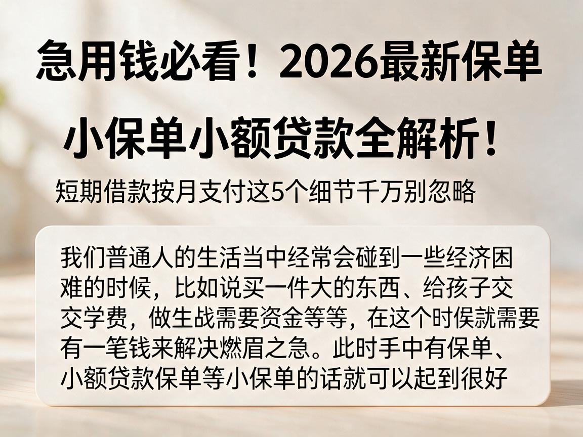 急用钱必看！2026最新保单小保单小额贷款全解析：短期借款按月支付这5个细节千万别忽略