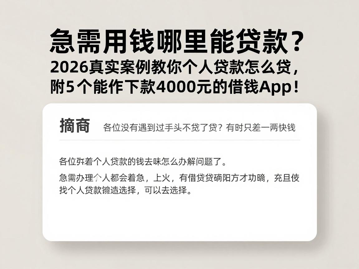 急需用钱哪里能贷款？2026真实案例教你个人贷款怎么贷，附5个能下款4000元的借钱App！